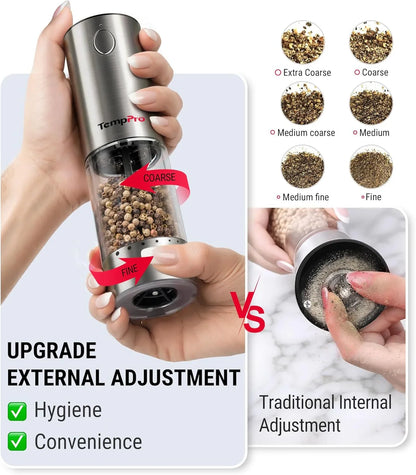 100Ml Electric Salt and Pepper Grinder Set Rechargeable, Automatic Pepper Grinder Shakers with External Adjustment, Refillable Pepper Mill Set with Cover & LED, 2-Pack(Previously Thermopro)
