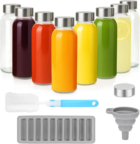 Glass Water Bottles with Lids 10.5 Oz, 8 Pack Clear Reusable Glass Small Juice Bottles with Stainless Steel Cap for Juicing, Milk, Ginger Shot, Bpa-Free Leak Proof 300Ml Drinking Container Jar