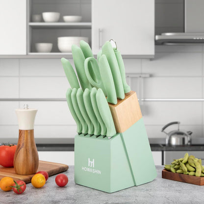 Knife Set,  15 Pieces Kitchen Knife Set with Built in Knife Sharpener, High Carbon German Stainless Steel Knife Block Set, Hand Wash Safe Knives Set, Green