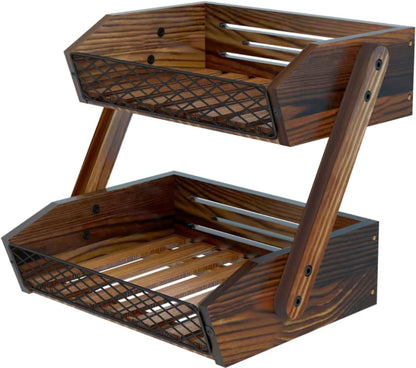 Fruit Basket for Kitchen, 2 Tier Fruit Bowl,Kitchen Counter Organizer,Wooden Vegetable Holder for Countertop,Bread Storage Basket Stand