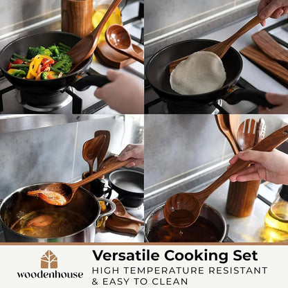Wooden cooking utensils for stir-frying, flipping, and serving meals in kitchen