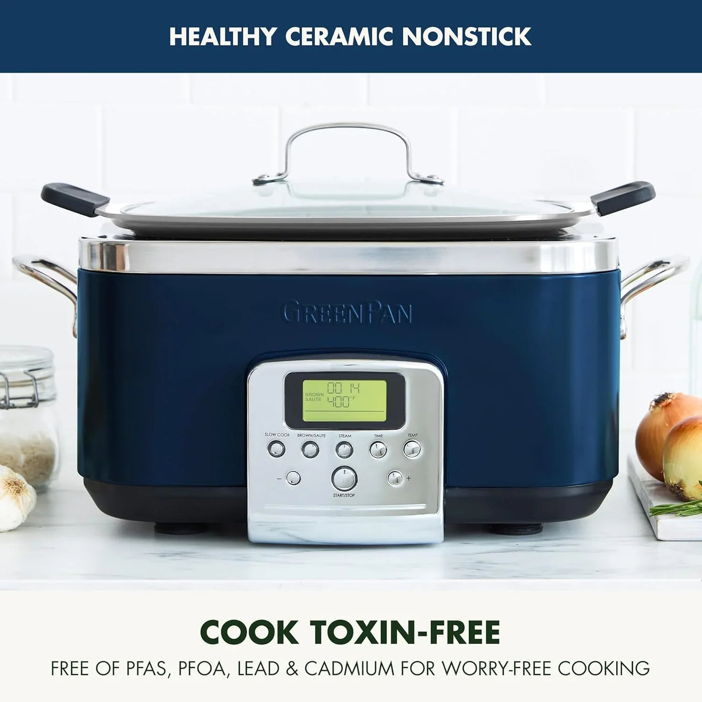 Elite 8-In-1 Programmable 6QT Electric Slow Cooker,Dishwasher Safe Lid & Removable Crock, Pfas-Free Healthy Ceramic Nonstick Multi-Cooker,Sear, Sauté,Brown,Steam Basket,Roast, Oxford Blue