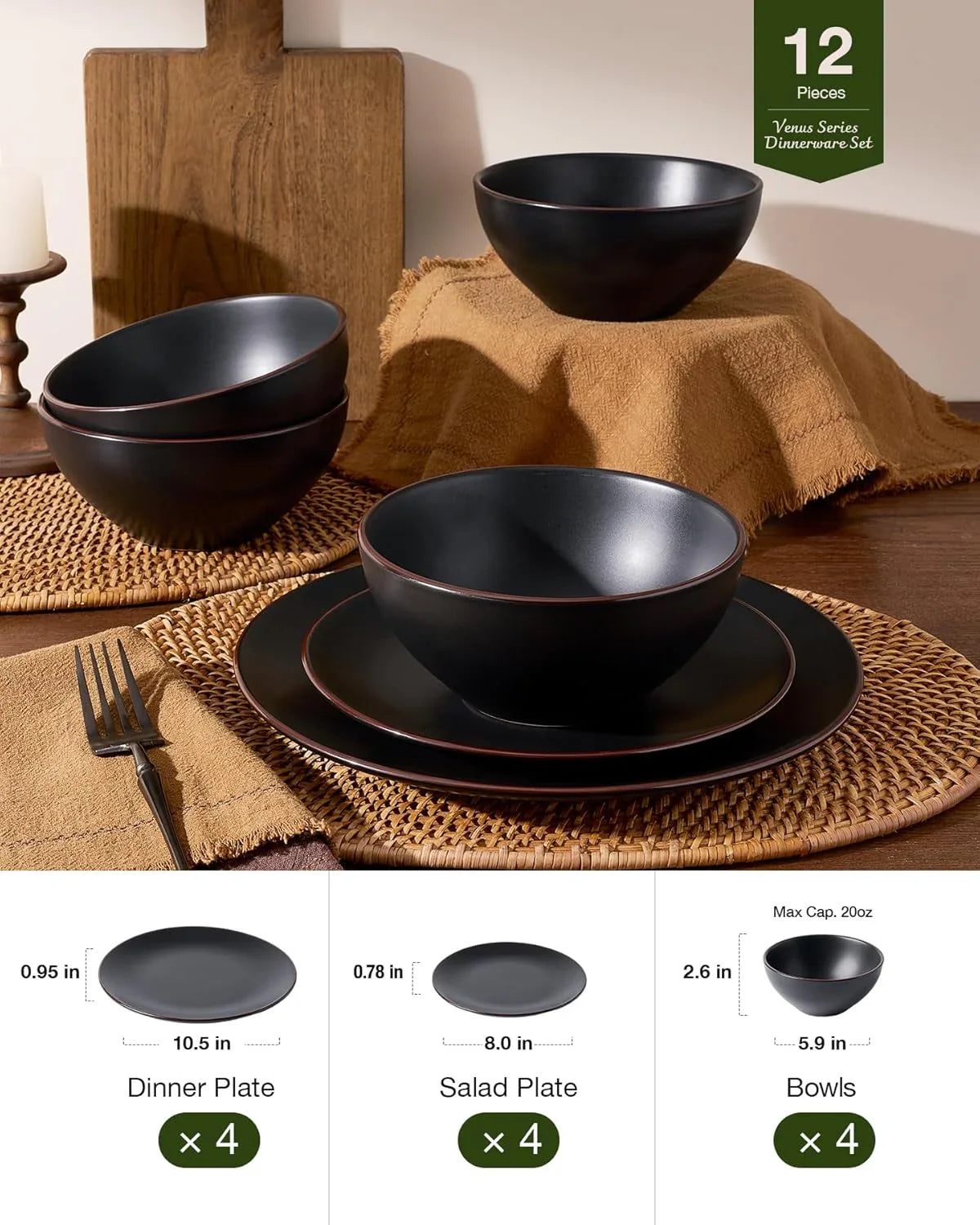 Venus Plates and Bowls Sets, 12 Pieces Stoneware Chip Resistant Dinnerware Dishes Set for 4, Matte Black - Microwave & Dishwasher Safe, Modern Minimalist, for Everyday Meals & Formal Dining