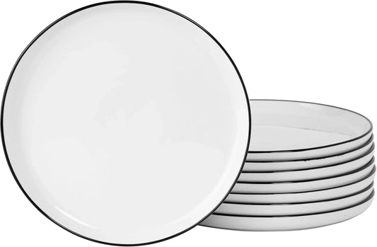 Oslo 8-Piece Porcelain Chip and Scratch Resistant Dinner Plate Set – White with Black Rim, Microwave & Dishwasher Safe
