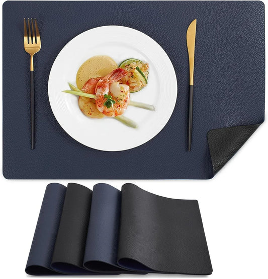 Vinyl Placemats Set of 4, Heat Resistant Place Mats 100% Waterproof Washable & Wipeable Faux Leather Reversible Table Mats for Kitchen Dining Party Indoor Outdoor, 12" X 17", Black/Navy