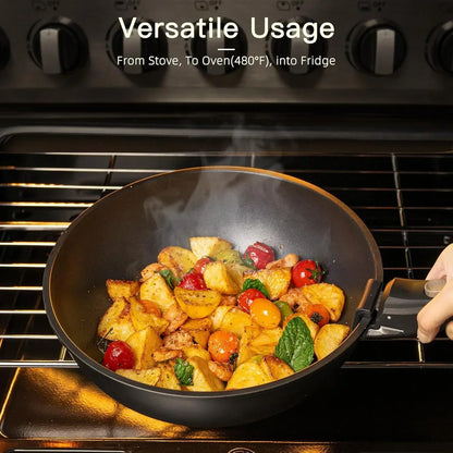 Nonstick frying pan with roasted vegetables in oven, ideal for versatile kitchen cooking