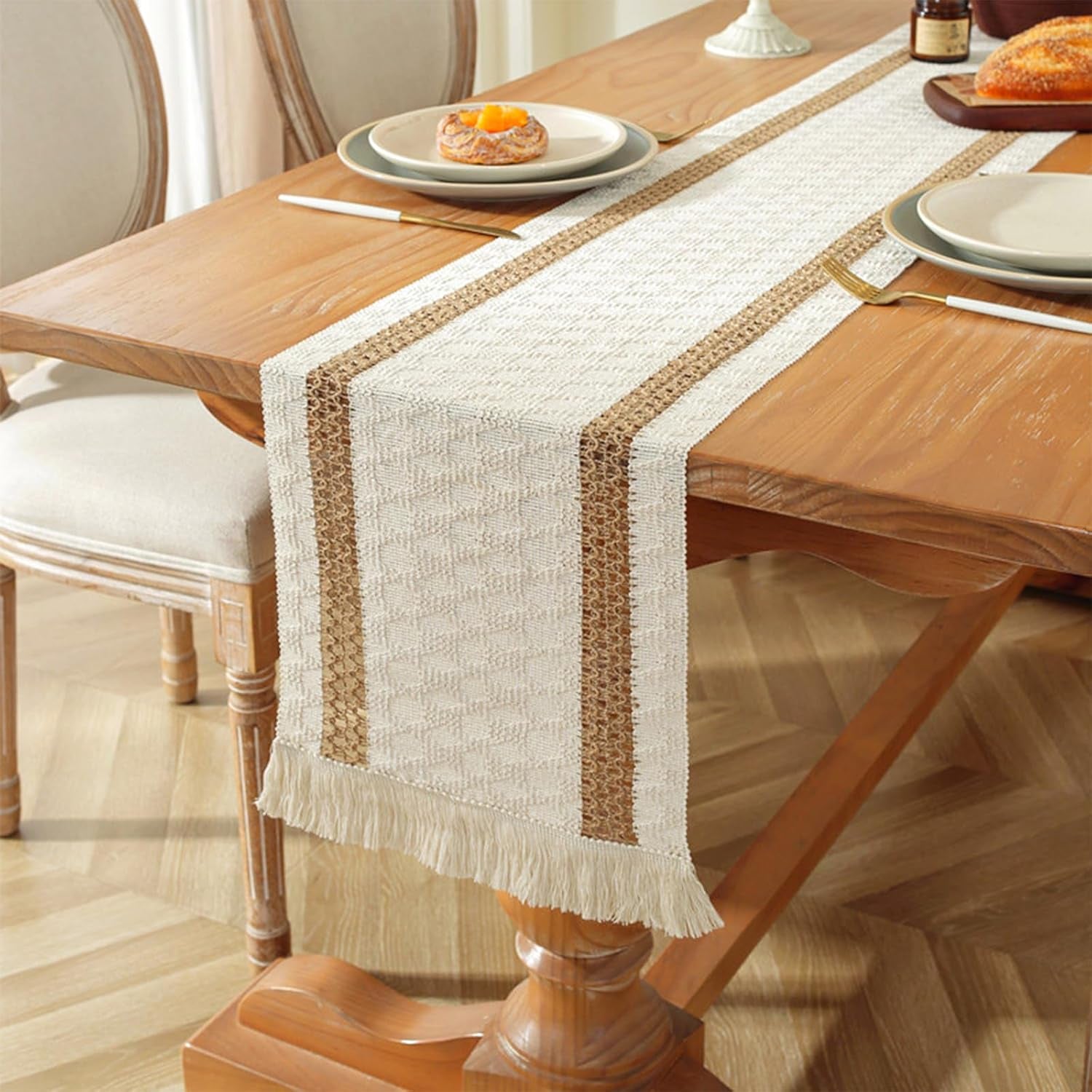 Boho Table Runner for Easter Spring Home Decor 72 Inches Long Farmhouse Macrame Easter Table Runner Cotton Linen Woven Table Runners for Summer Dining Table Decoration, Beige & Brown