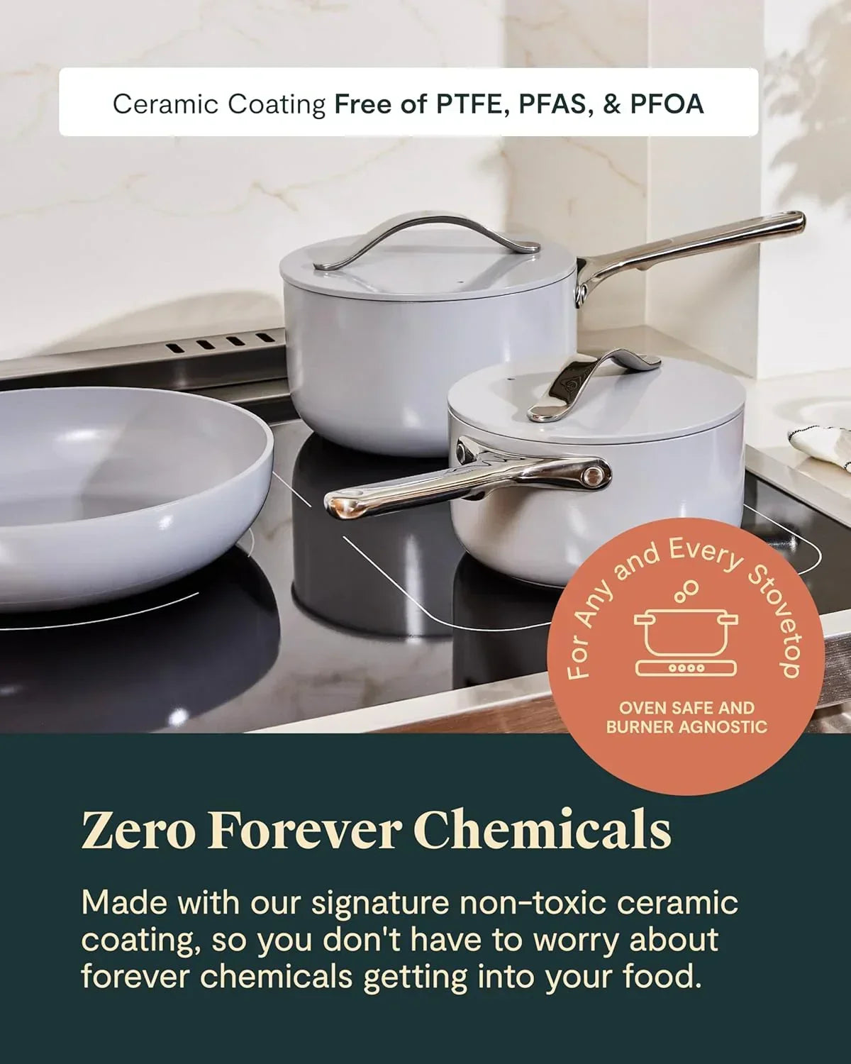 Non-toxic ceramic cookware set on stovetop, PTFE/PFOA-free, oven safe, burner agnostic for everyday cooking