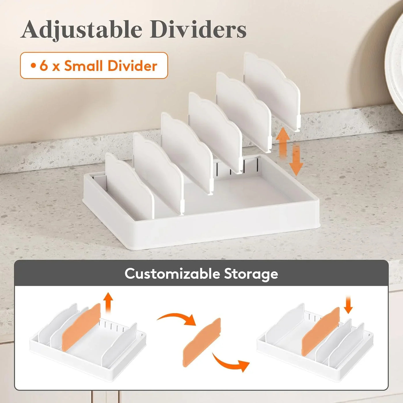 Kitchen Cabinet Organizer for Food Contanier Lid, Lid Holder with 6 Adjustable Dividers & 7 Sections for Pantry Organizers and Storage, Home Drawer Organization, Large, 13" X 10"