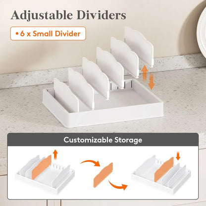 Kitchen Cabinet Organizer for Food Contanier Lid, Lid Holder with 6 Adjustable Dividers & 7 Sections for Pantry Organizers and Storage, Home Drawer Organization, Large, 13" X 10"