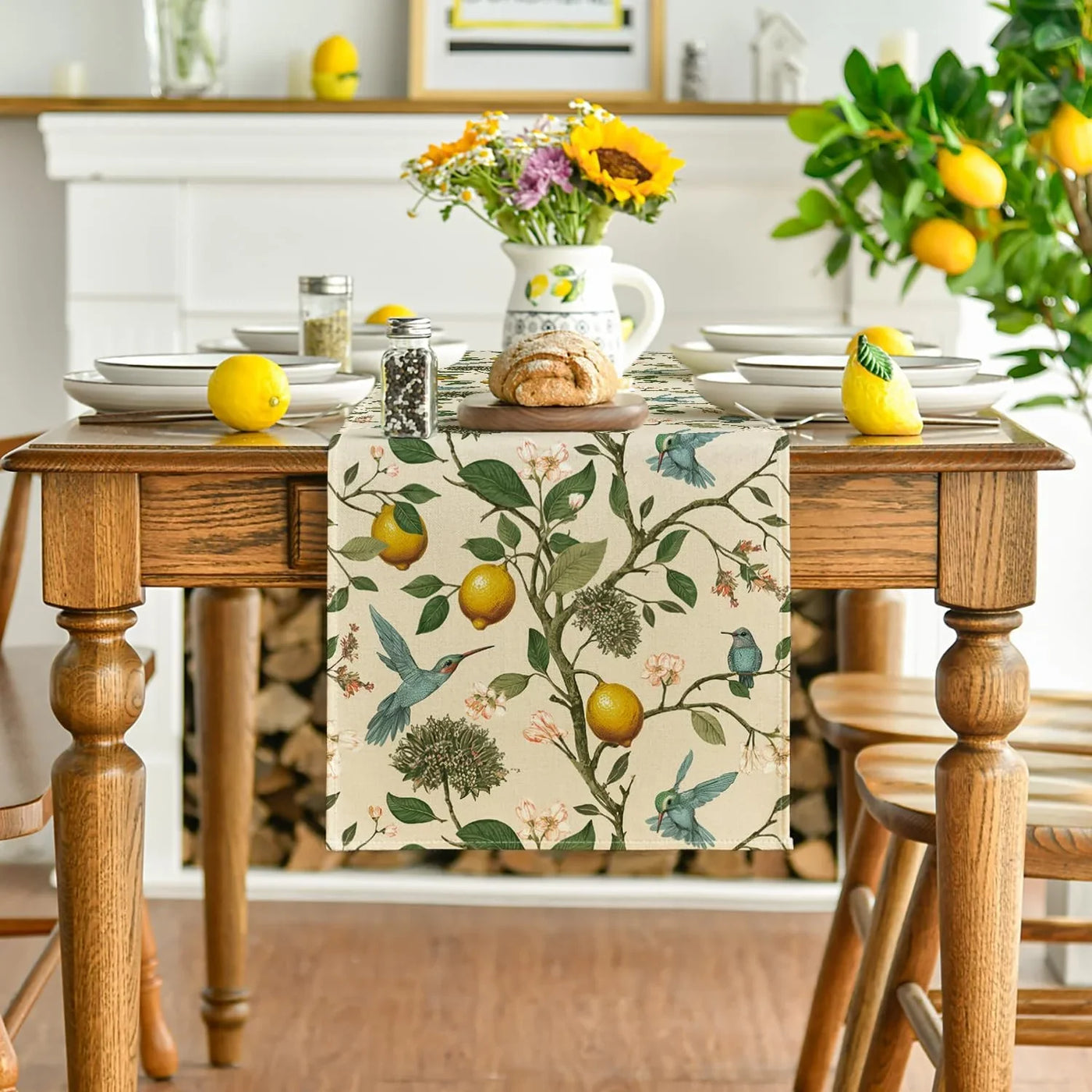 Brown Lemon Tree Bird Flower Summer Table Runner,Spring Kitchen Dining Table Decoration for Home Party Decor 13X72 Inch