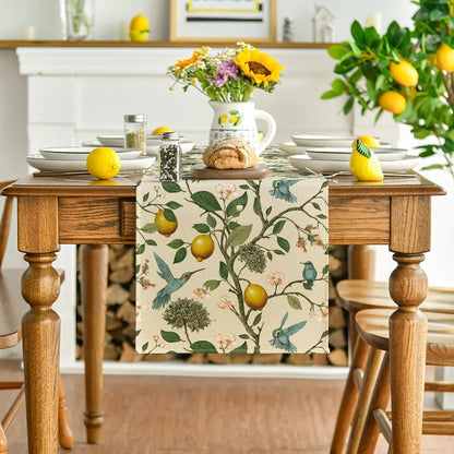 Brown Lemon Tree Bird Flower Summer Table Runner,Spring Kitchen Dining Table Decoration for Home Party Decor 13X72 Inch