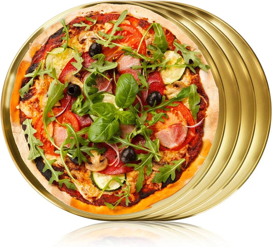 4 Pack Stainless Steel Pizza Pan, 12 Inch Pizza Tray Pizza Crisper Pan, round Pizza Sheet Baking Pans Food Serving Plate for Pizza, Pie, Cookie, Dessert, Oven & Dishwasher Safe, Gold
