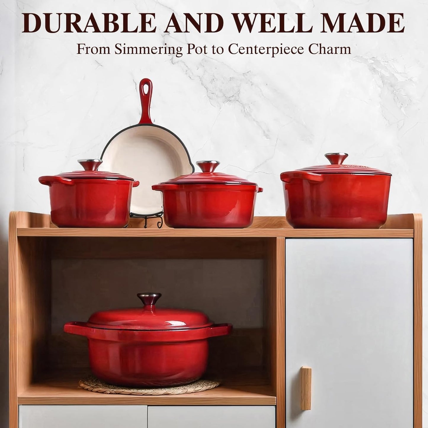 Enameled Cast Iron Dutch Oven -  5QT Pot with Lid & Cotton Potholders - Heavy-Duty Cookware for Bread Baking, Braising, Stews, Roasting(Red)