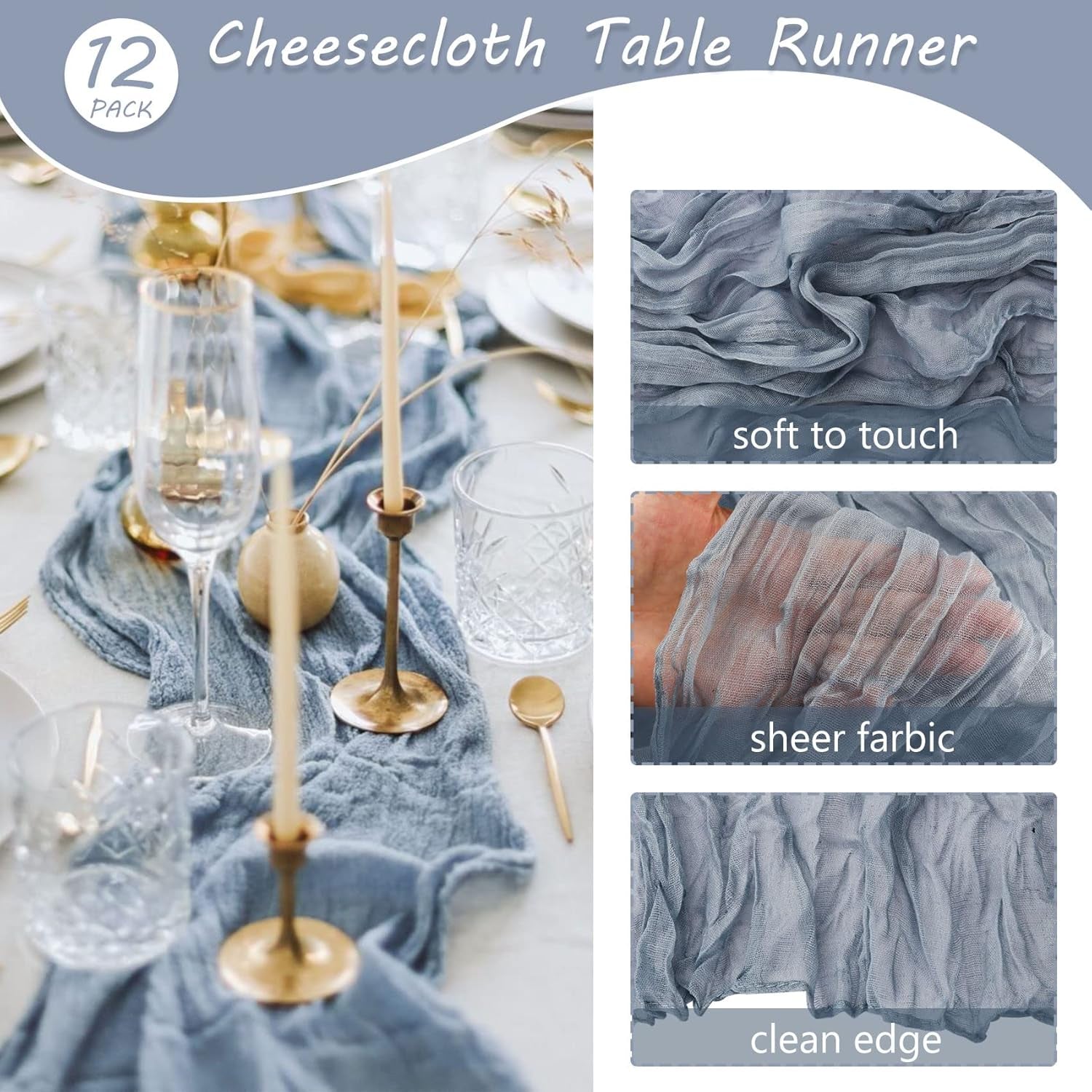 12 Pack 10Ft Cheesecloth Table Runner 35X120 Inch Boho Gauze Table Runner Rustic Cheese Cloth Long Romantic Table Runners for Wedding Bridal Shower Birthday Party Table Decor (Dusty Blue)