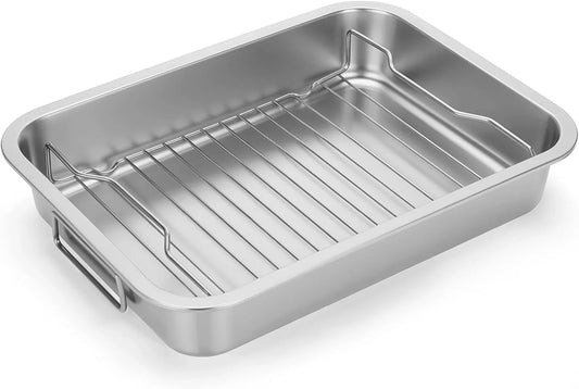 Stainless Steel Roasting Pan - Heavy Duty Turkey Roasting Baking Broiler Oven Pan with Rack and Handle for Oven, High Sided Easy to Clean Induction Roast Tray for Chicken, Vegetable, Lasagna