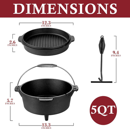5QT Camping Dutch Oven with Lid, Pre-Seasoned Cast Iron Camp Dutch Oven with Lid Lifter for Campfire Cooking, Baking and Stews, Durable Cast Iron Pot for Camping and Hiking