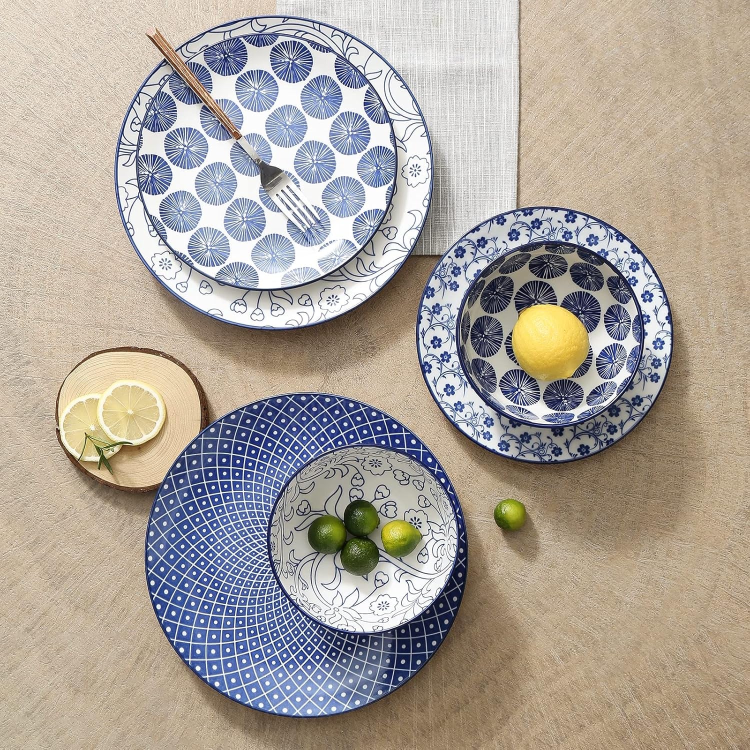 Ceramic Dinnerware Sets, 12-Pieces Plates and Bowls Sets, Scratch Resistant Dishes Set for 4, Dishwasher & Microwave Safe,Vintage Blue