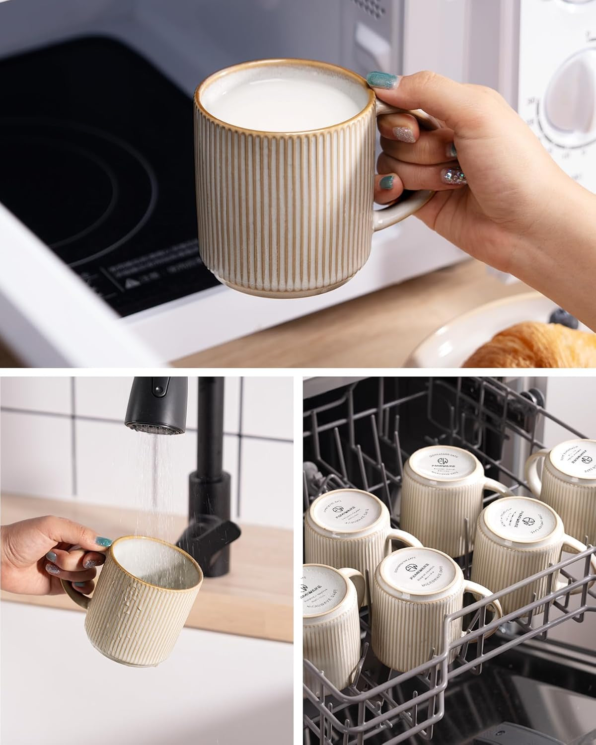 Coffee Mug Set for 6, Star 12 Oz Catering Mugs Cup Set with Handle for Coffee, Tea, Cocoa, Milk - Ceramic Stoneware Drinkware Set, Cappuccino White