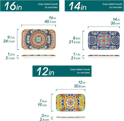 Serving Platters Set of 3, 16"/14"/12" Inch Rectangular Trays - Extra Large, Ceramic Bohemian Serving Dish for Entertaining Food, Microwave & Dishwasher Safe, Vintage