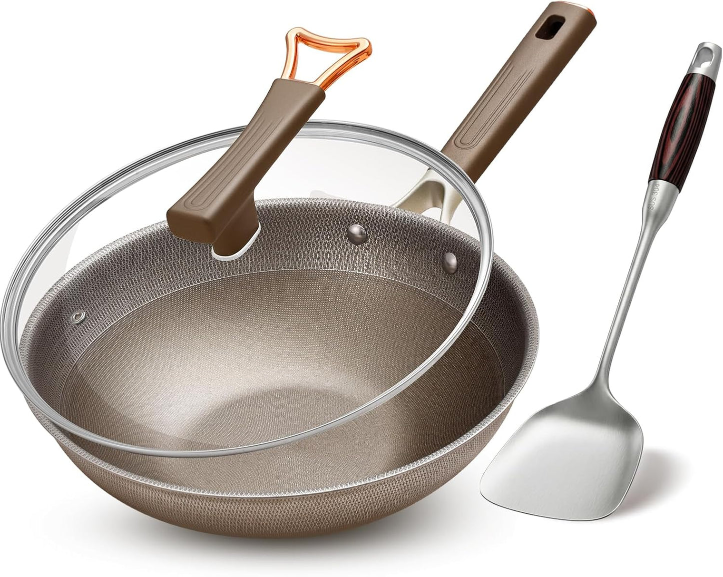 13 Inch Titanium Wok Pan with Lid - Non Stick Frying Pan, Extended Cool-Touch Handle, PFAS/PFOA/PTFE Free Flat Bottom Wok, Dishwasher Safe, Works on All Stovetops Including Induction