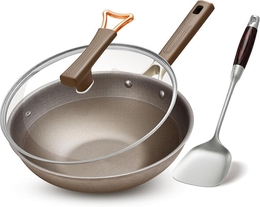 13 Inch Titanium Wok Pan with Lid - Non Stick Frying Pan, Extended Cool-Touch Handle, PFAS/PFOA/PTFE Free Flat Bottom Wok, Dishwasher Safe, Works on All Stovetops Including Induction