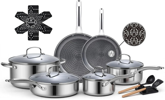 17 Pcs Nonstick Stainless Steel Cookware Set, Hybrid Stainless Steel Pots and Pans Set Non Stick, Non Toxic Kitchen Cookware Sets, Dishwasher & Oven Safe, Induction & All Cooktop Compatible