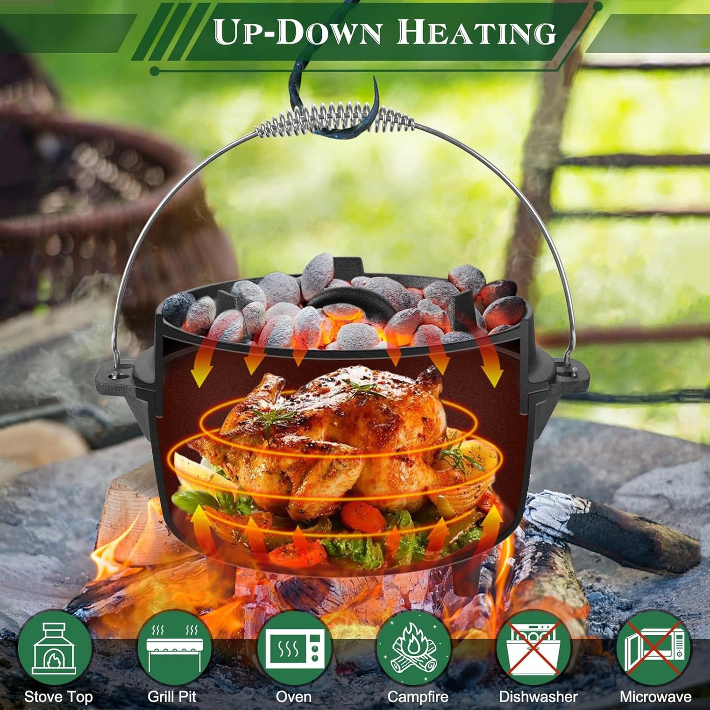5QT Cast Iron Dutch Oven with Stainless Steel Scrubber,  2-In-1 Pre-Seasoned Camping Pot, Heavy Duty Campfire Pot with Feet for Outdoor Stovetop Griddle Cooking Baking Roasting Stewing