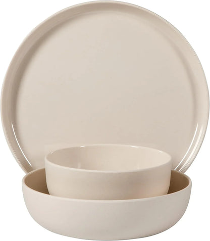 Candy Skies 12 Piece Unbreakable Wheat Straw Melamine Plates and Bowls Dinnerware Set - Outdoor, Camping, & Everyday Use - Matte Exterior/Shiny Interior Taupe Cream