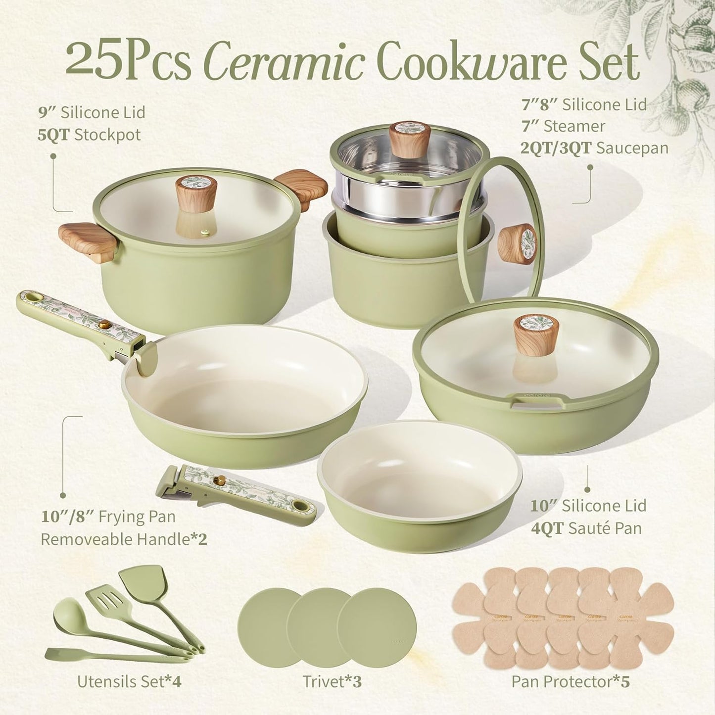 25-Piece Ceramic Cookware Set, Nonstick Pots and Pans Set with Detachable Handle, Non-Toxic Kitchen Cooking Set, Dishwasher & Oven Safe, Induction Compatible, PFAS Free, Green