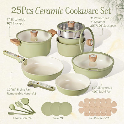 25-Piece Ceramic Cookware Set, Nonstick Pots and Pans Set with Detachable Handle, Non-Toxic Kitchen Cooking Set, Dishwasher & Oven Safe, Induction Compatible, PFAS Free, Green