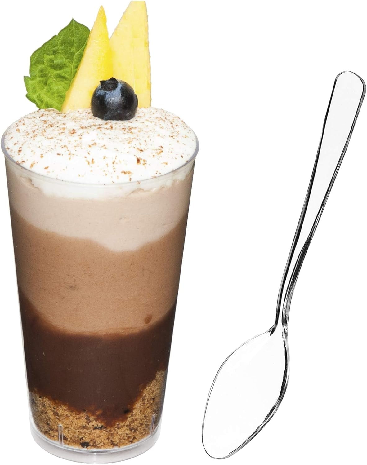 100 X 3 Oz Mini Dessert Cups with Spoons, Shooter - Clear Plastic Parfait Appetizer Cup - Small Reusable Shooter Glass for Tasting Party Shooters Desserts Appetizers - with Recipe Ebook