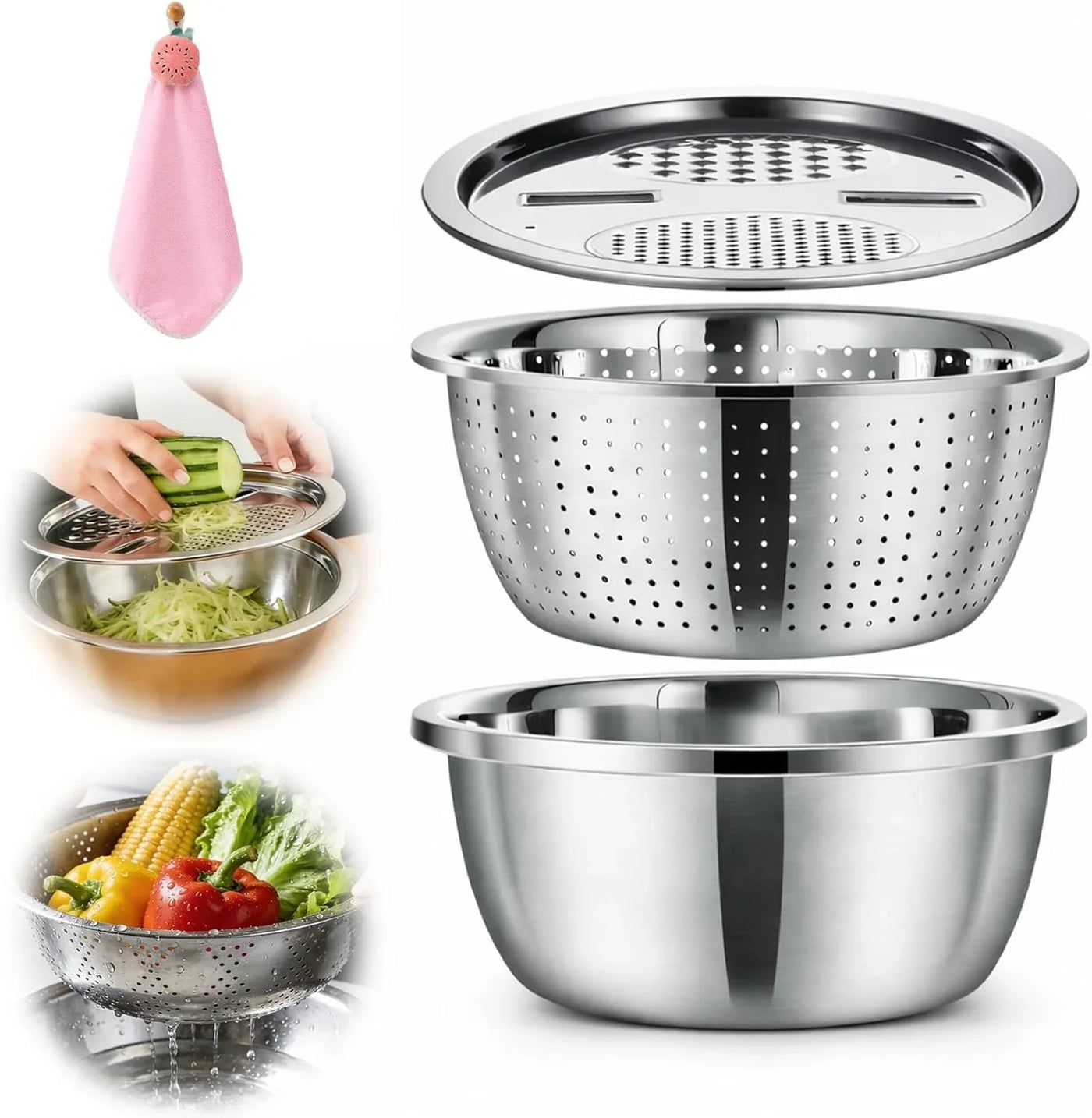 Mixing Bowls Stainless Steel Set, Germany Multifunctional Shredding Chopping Basin with Kitcgrater, Colander, Food Strainers (9.4In(24Cm))