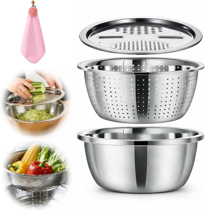 Mixing Bowls Stainless Steel Set, Germany Multifunctional Shredding Chopping Basin with Kitcgrater, Colander, Food Strainers (9.4In(24Cm))