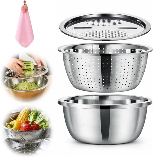 Mixing Bowls Stainless Steel Set, Germany Multifunctional Shredding Chopping Basin with Kitcgrater, Colander, Food Strainers (9.4In(24Cm))