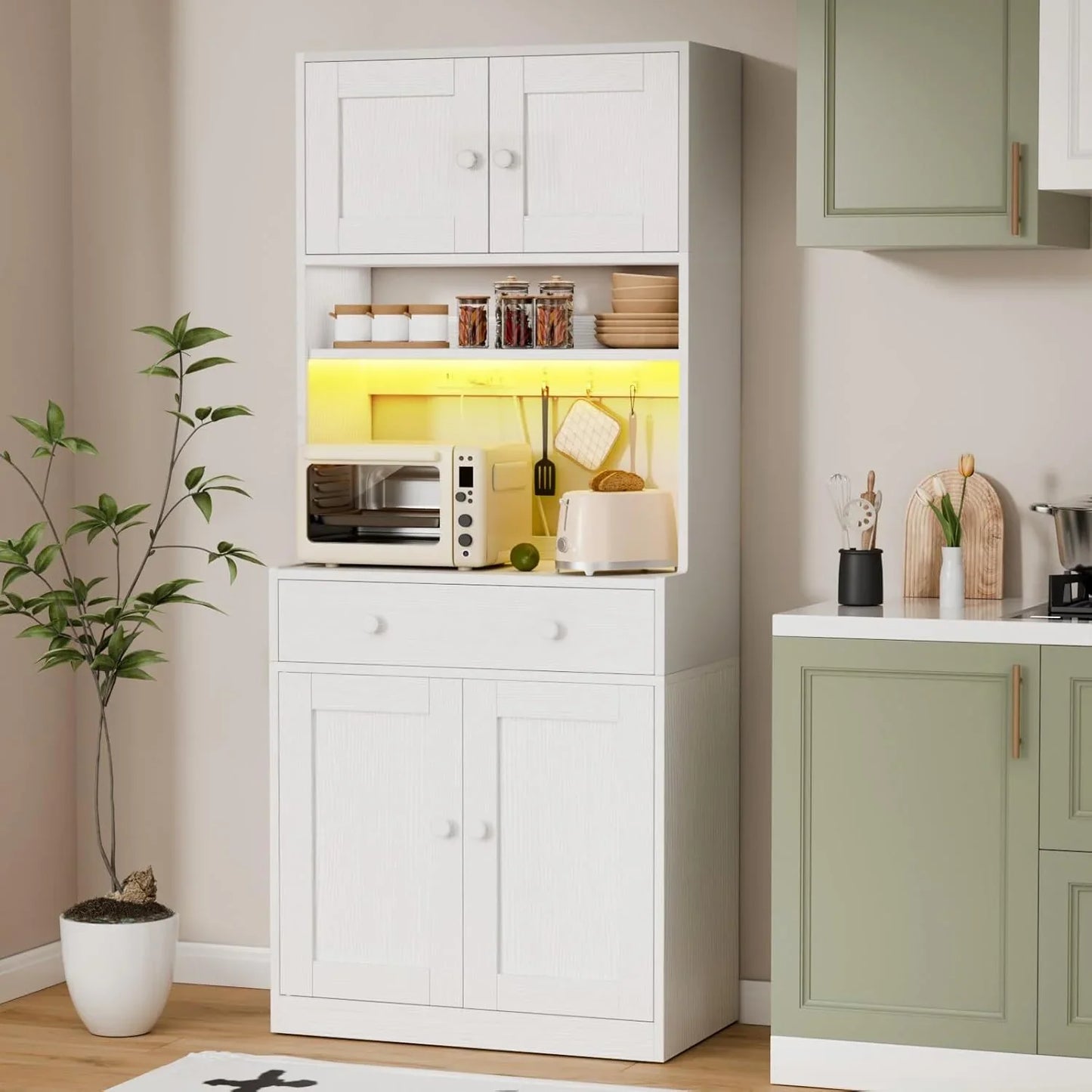 71" Tall Kitchen Pantry Storage Cabinet with Power Outlet & LED Light, Freestanding Food Pantry Cabinet with 4 Doors and Shelves, Cupboard with Drawer, Hutch with Microwave Stand, White