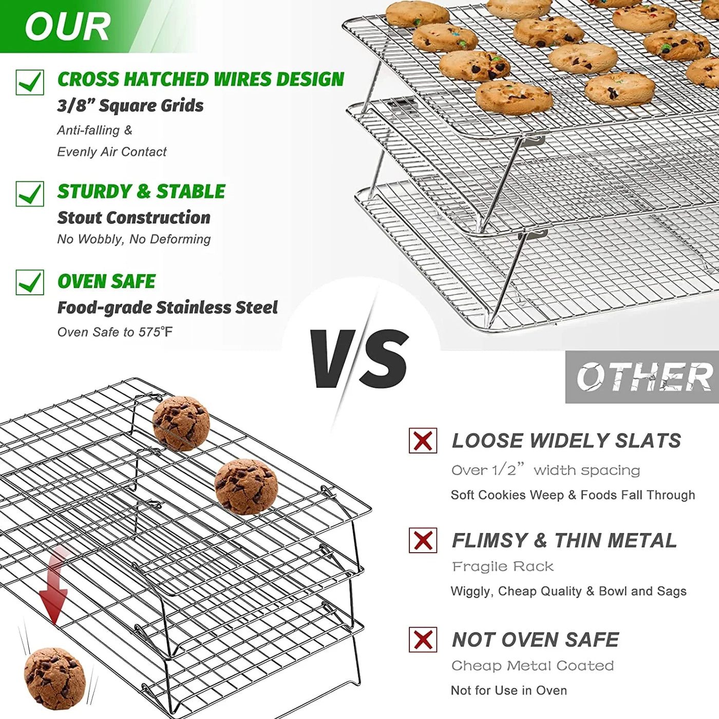 Oven-Salf Collapsible Cooling Rack for Baking, 3 Tier 12”X 16.5”, Stainless Steel and Fit Half Sheet, Stackable Wire Cooling Racks for Cookie, Pizza, Cake