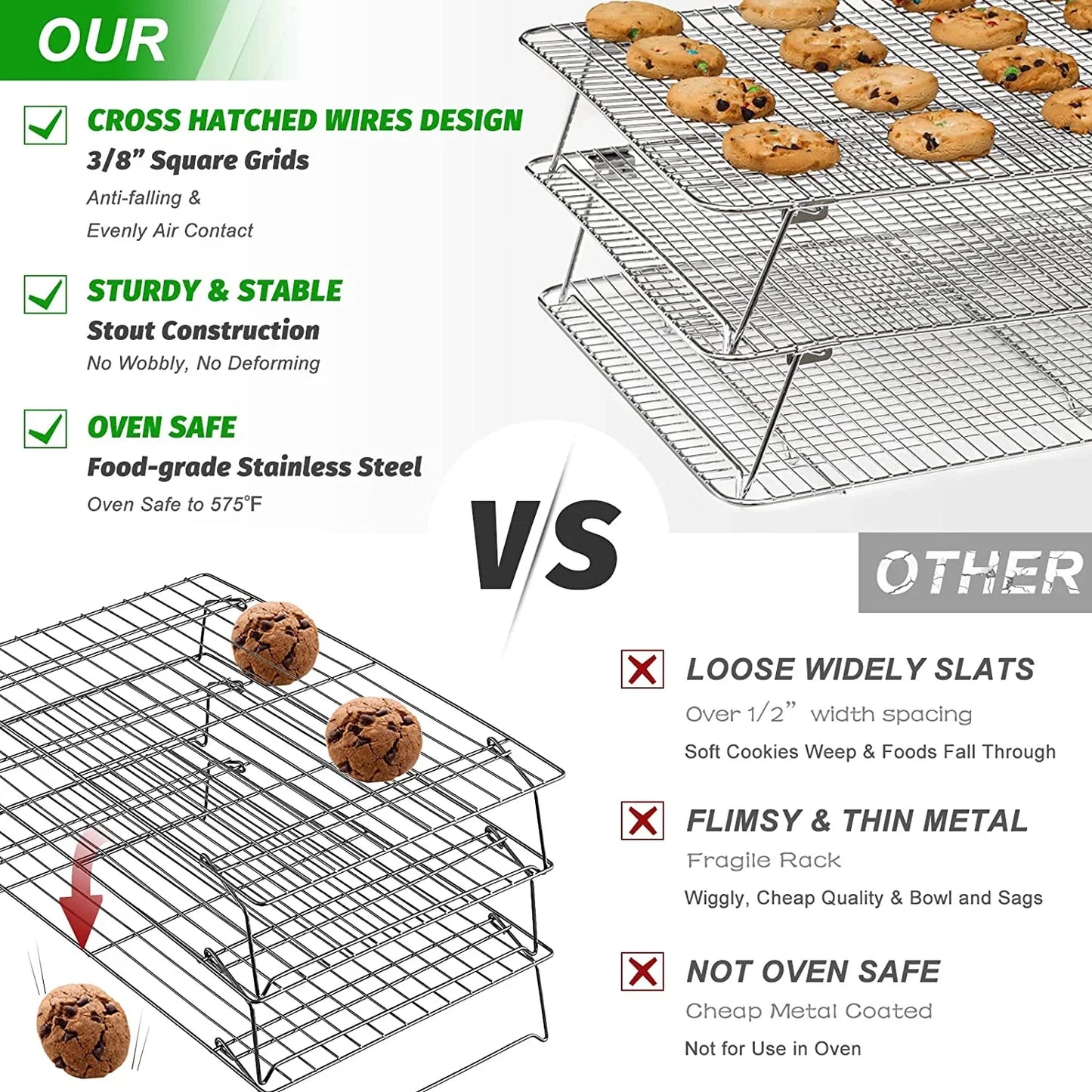 Oven-Salf Collapsible Cooling Rack for Baking, 3 Tier 12”X 16.5”, Stainless Steel and Fit Half Sheet, Stackable Wire Cooling Racks for Cookie, Pizza, Cake