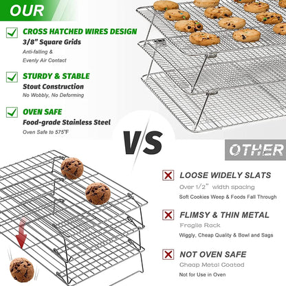 Oven-Salf Collapsible Cooling Rack for Baking, 3 Tier 12”X 16.5”, Stainless Steel and Fit Half Sheet, Stackable Wire Cooling Racks for Cookie, Pizza, Cake