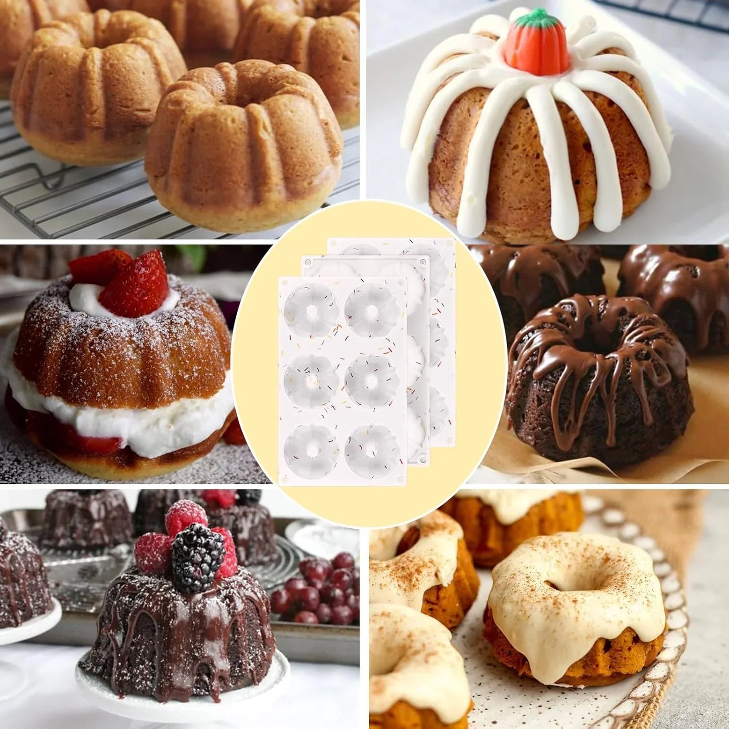 3 Pcs Mini Fluted Cake Pan, 6-Cavity Fluted Tube Cake Pan, Non-Stick Silicone Baking Mold for Cupcakes, Donuts, Muffins, Cornbread, Brownies, Jellies