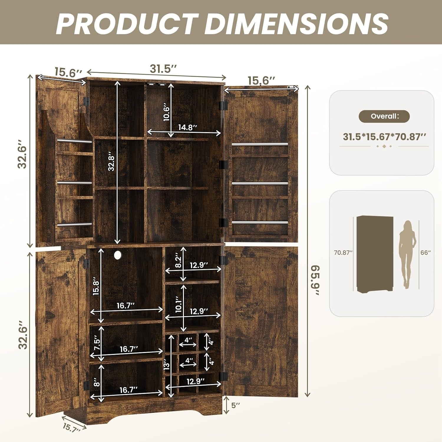 71" Tall Kitchen Pantry, Farmhouse Storage Cabinet with Doors, Shelves, Rustic Wood Cupboard, Built-In Wine Storage Grid & 6 Door Shelves for Kitchen, Dining Room, Rustic Brown