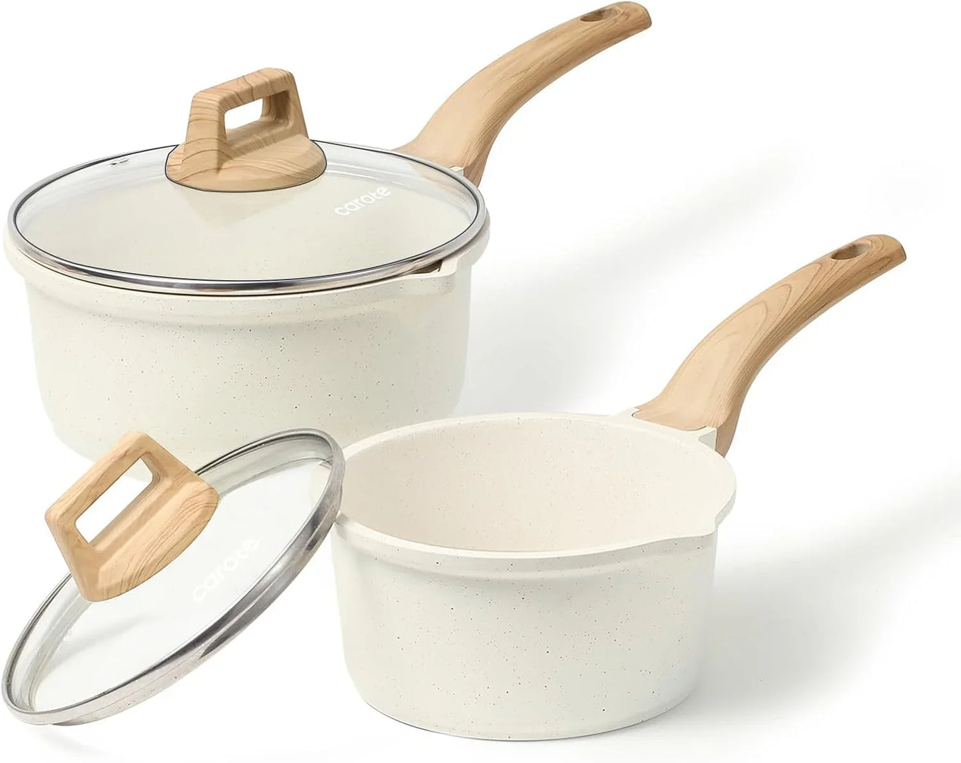 1.5Qt & 3.0Qt Sauce Pan Sets with Lid Cooking Pots Nonstick Saucepans Cookware Set with Pour Spout Small Kitchen Pot, Induction Comptable, Easy to Clean, PFOA FREE (White Granite)