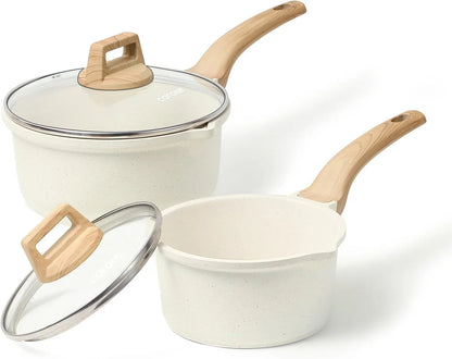 1.5Qt & 3.0Qt Sauce Pan Sets with Lid Cooking Pots Nonstick Saucepans Cookware Set with Pour Spout Small Kitchen Pot, Induction Comptable, Easy to Clean, PFOA FREE (White Granite)