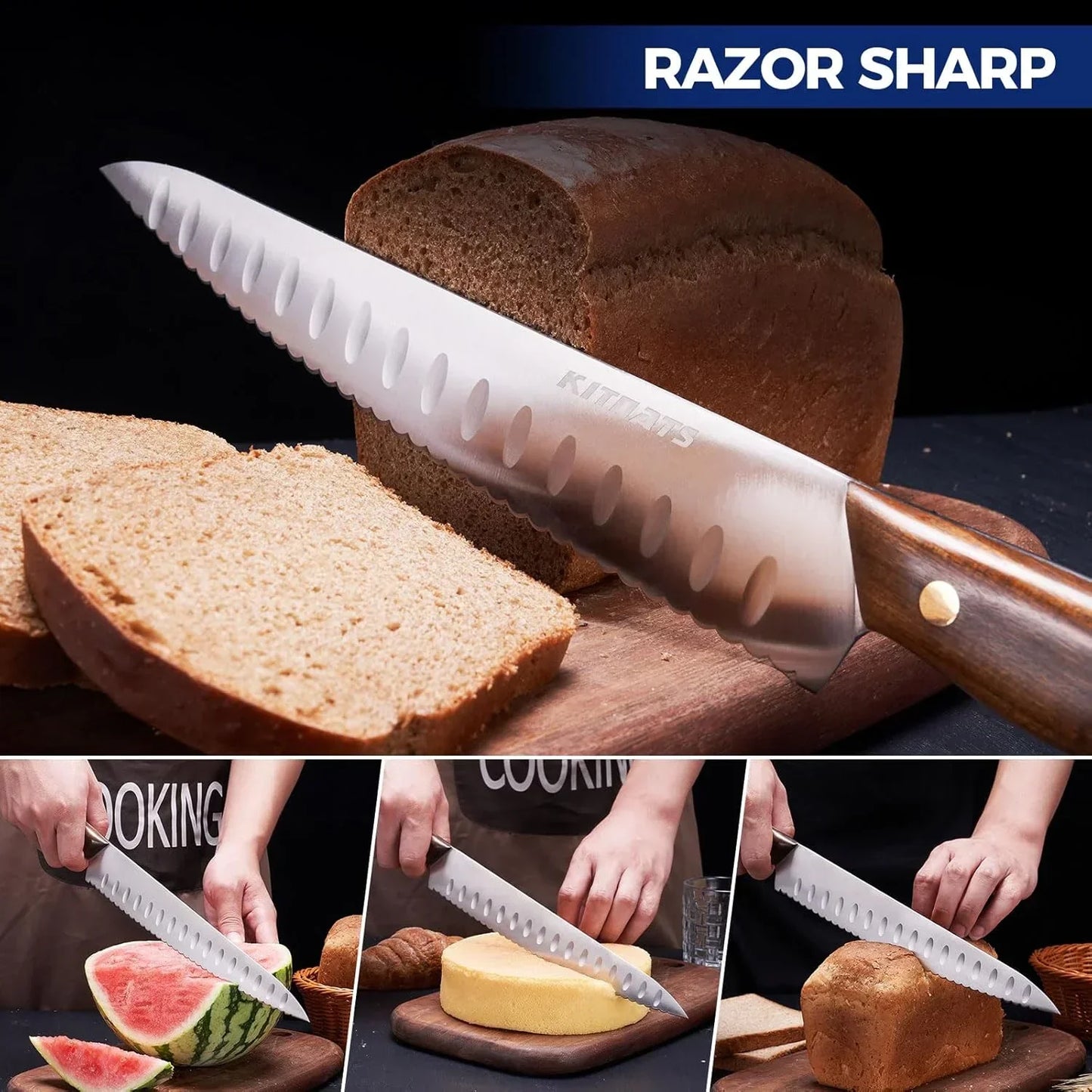 Razor sharp bread knife slicing loaf, watermelon, and cake on wooden cutting board