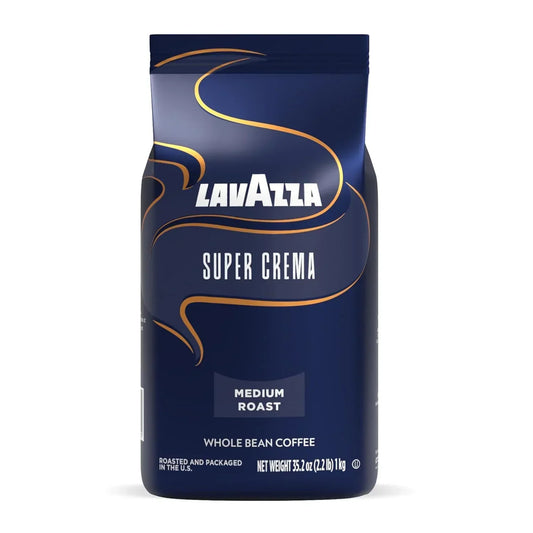 Lavazza Super Crema Medium Roast Whole Bean Coffee, 1kg bag with elegant blue and gold design