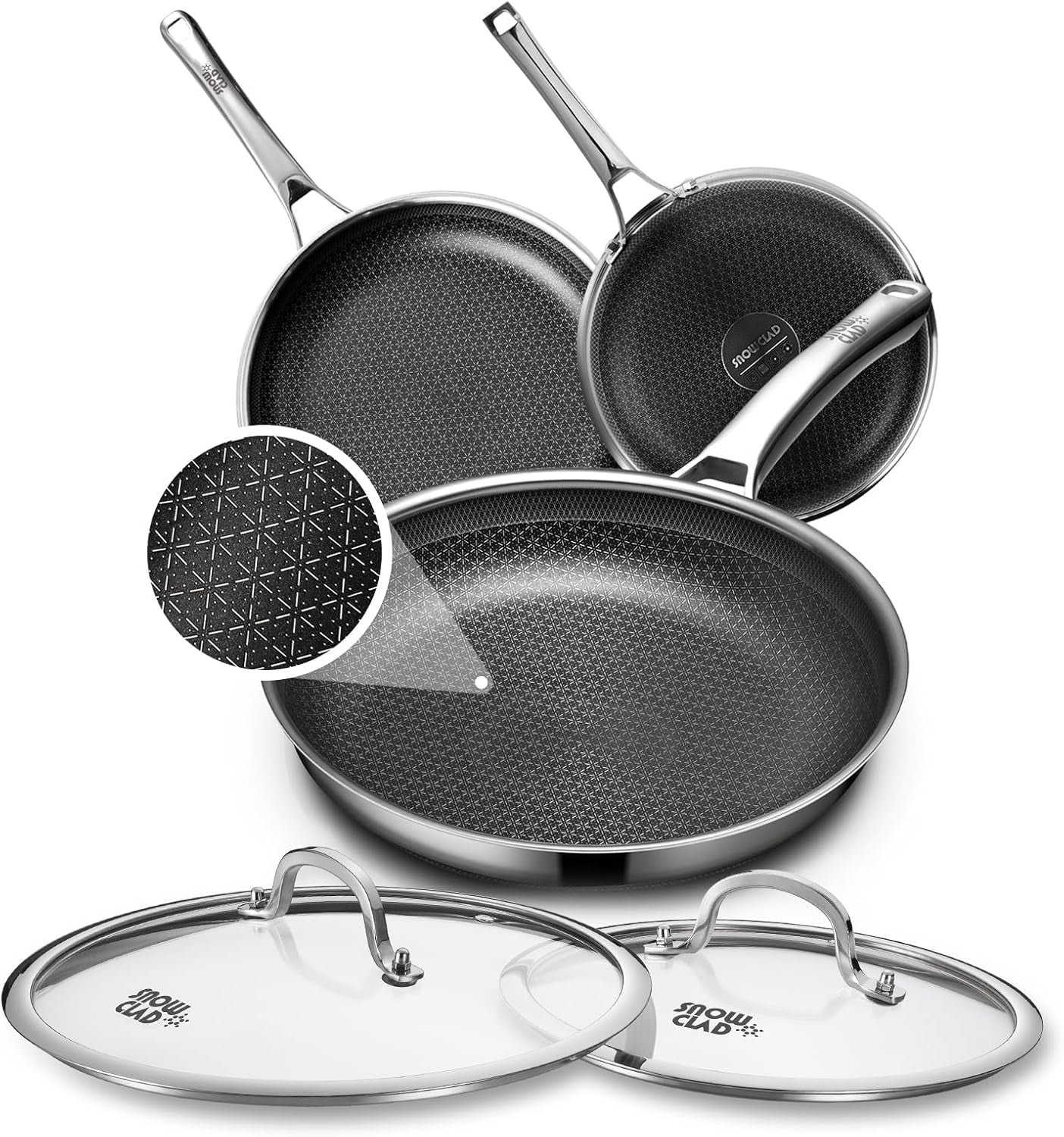 Non Stick Frying Pans Set with 2 Lid, Hybrid Skillet Set Nonstick (8+10+12Inch), Pans for Cooking, PFOA Free Stainless Steel Kitchen Set, Dishwasher and Oven-Safe Cookware Sets