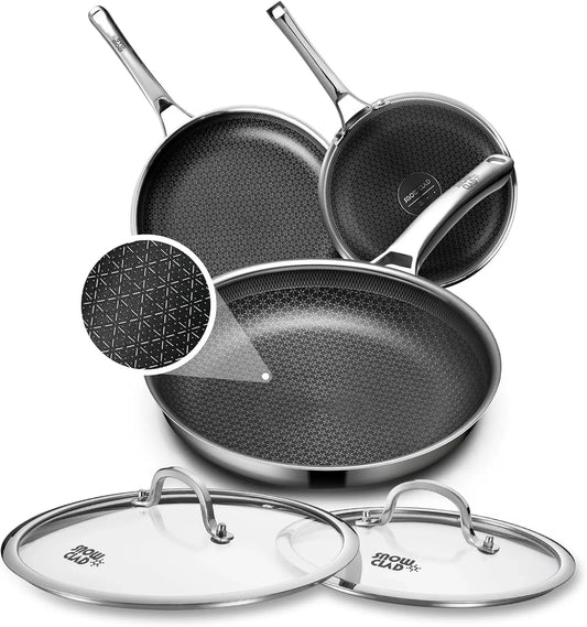 Non Stick Frying Pans Set with 2 Lid, Hybrid Skillet Set Nonstick (8+10+12Inch), Pans for Cooking, PFOA Free Stainless Steel Kitchen Set, Dishwasher and Oven-Safe Cookware Sets