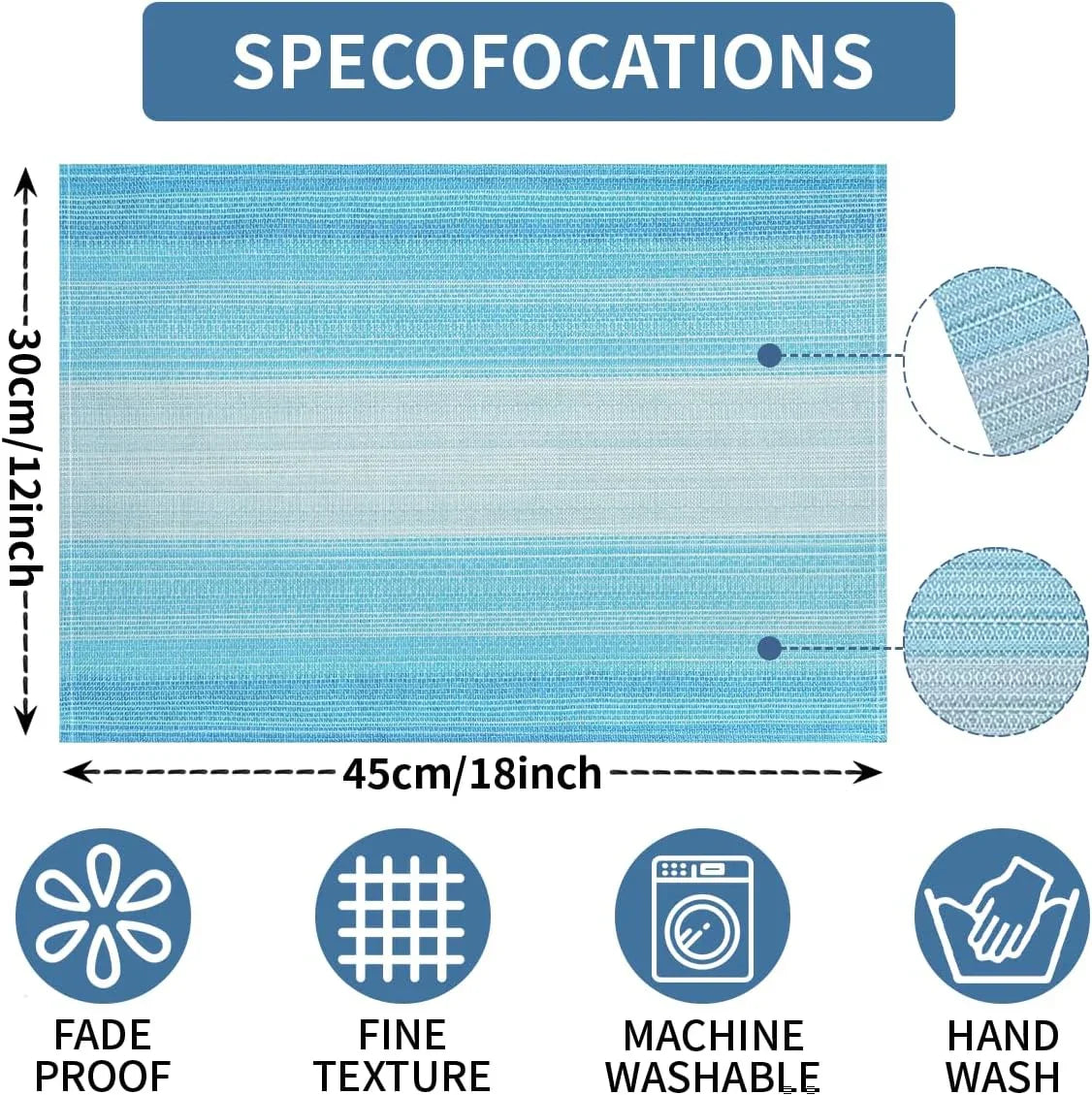 Placemats, Placemats Set of 4, 12X18 Inch Washable Place Mats Easy to Clean Heat Resistant Table Mats Wipeable Placemat for Holiday Party Kitchen Dining Table Decoration, Blue