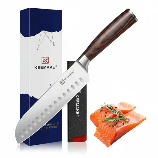 Chef Santoku Knife - 7 Inch Ultra Sharp Kitchen Knife with Stainless Steel Blade for Cooking Meat Fruit Vegetable with Ergonomic Pakkawood Handle and Gift Box Included