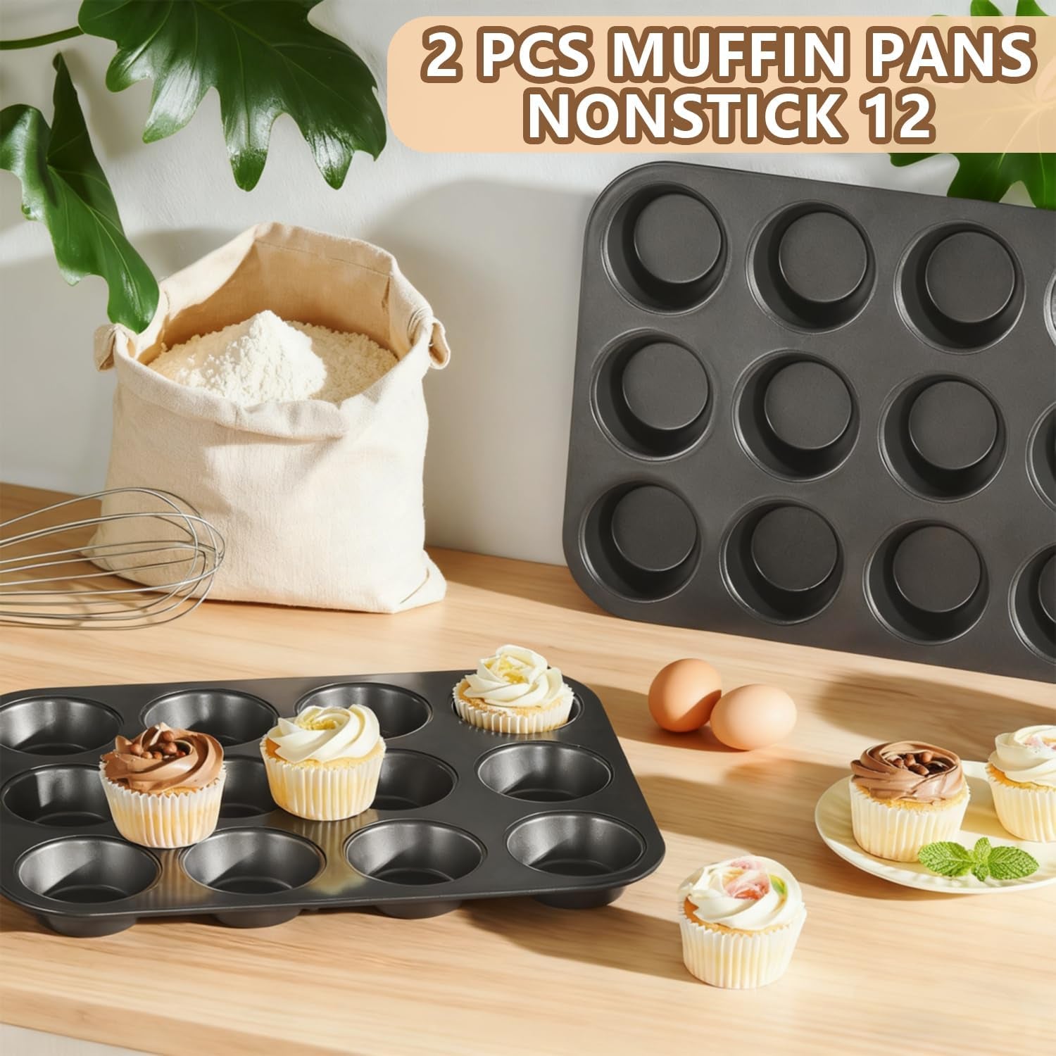 Muffin Tin, 12-Well Nonstick Cupcake Pan Set of 2, Heavy Duty Steel Muffin Pan